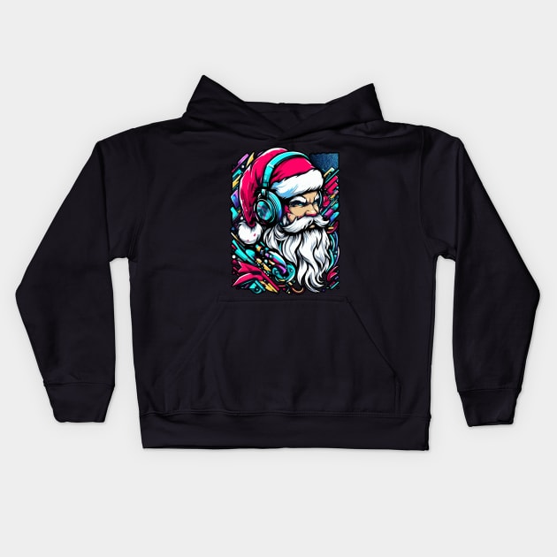 Santa Claus with headphones on his ears listening to music Kids Hoodie by T-Shirt Paradise